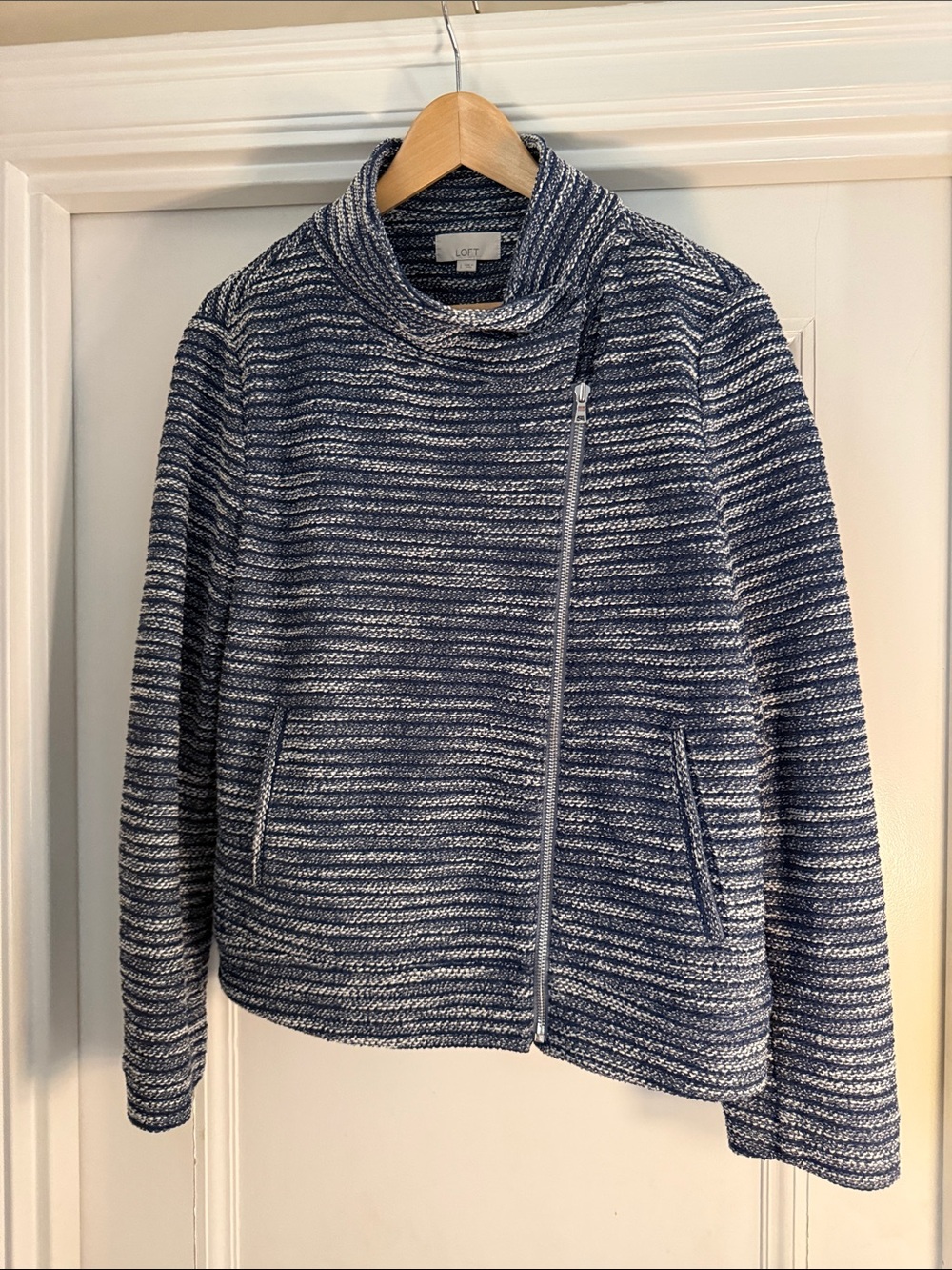 LOFT Navy & White Striped Asymmetric Zip Knit Jacket